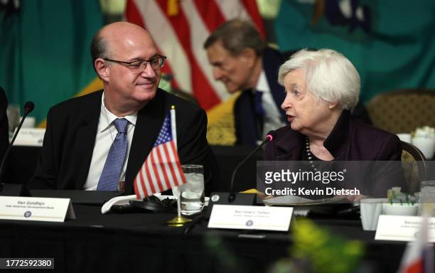 Treasury Secretary Janet Yellen delivers opening remarks alongside President of the Inter-American Development Bank Ilan Goldfajn at a meeting with...