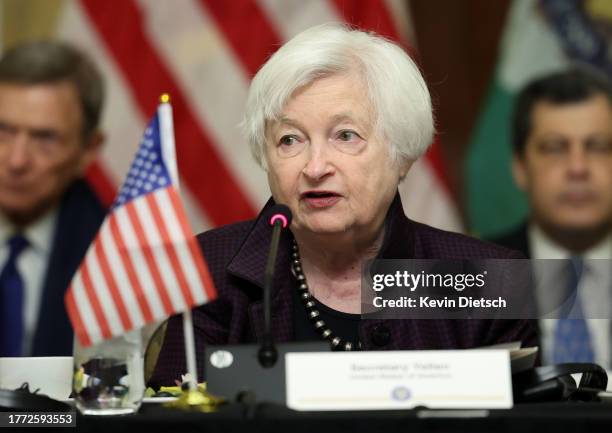 Treasury Secretary Janet Yellen delivers opening remarks at a meeting with leaders during the Americas Partnership for Economic Prosperity Leaders’...