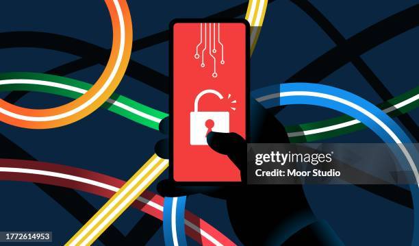 hacker in einem schwarzen handschuh mit smartphone-illustration - telefonleitung stock-grafiken, -clipart, -cartoons und -symbole