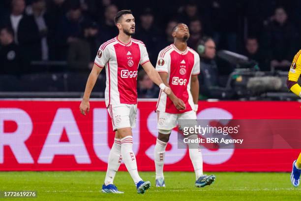 Josip Sutalo of AFC Ajax looks dejected after conceding his sides first goal, Jorrel Hato of AFC Ajax during the UEFA Europa League 2023/24 Group B...