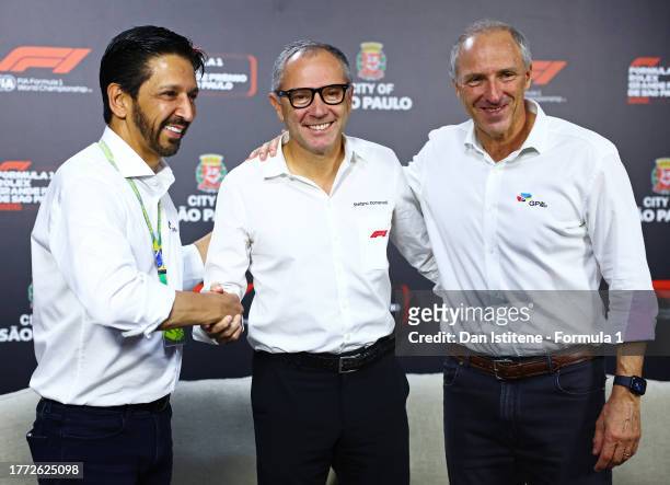 Ricardo Nunes, Mayor of Sao Paulo, Stefano Domenicali, CEO of the Formula One Group, and Alan Adler, CEO of Sao Paulo Grand Prix attend a press...
