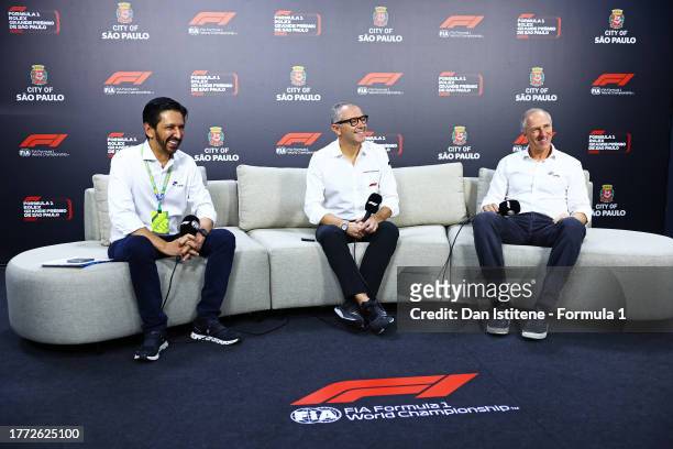 Ricardo Nunes, Mayor of Sao Paulo, Stefano Domenicali, CEO of the Formula One Group, and Alan Adler, CEO of Sao Paulo Grand Prix attend a press...