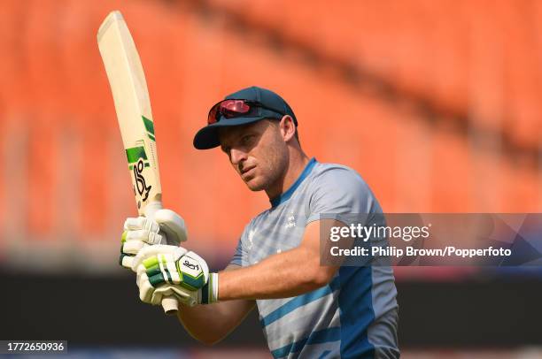 Jos Buttler of England bats during a training session during the ICC Men's Cricket World Cup India 2023 at Narendra Modi Stadium on November 03, 2023...