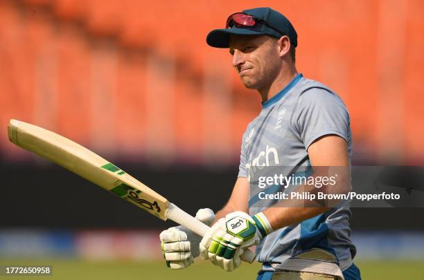 Jos Buttler of England looks on during a training session during the ICC Men's Cricket World Cup India 2023 at Narendra Modi Stadium on November 03,...