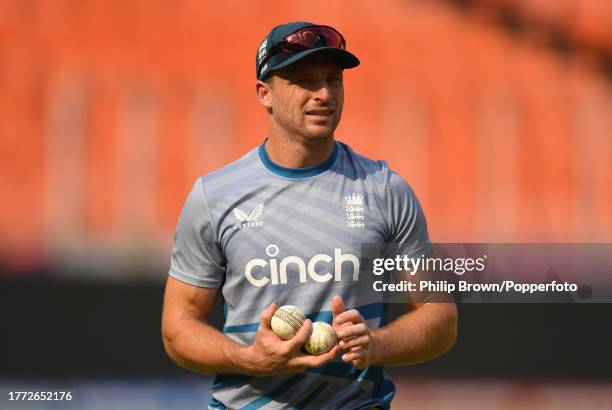 Jos Buttler of England looks on during a training session during the ICC Men's Cricket World Cup India 2023 at Narendra Modi Stadium on November 03,...