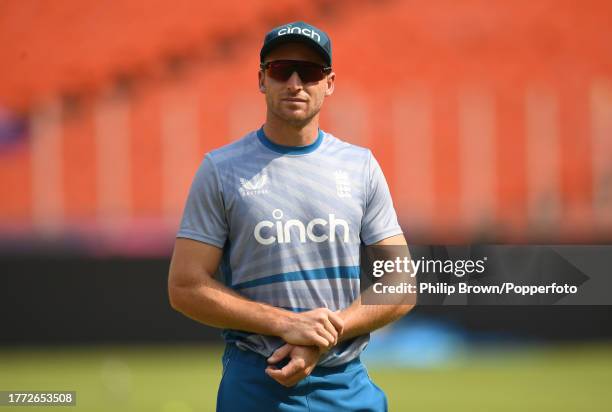 Jos Buttler of England looks on during a training session during the ICC Men's Cricket World Cup India 2023 at Narendra Modi Stadium on November 03,...