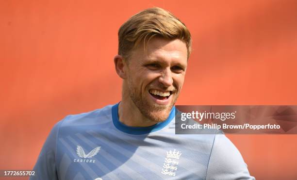 David Willey of England looks on during a training session during the ICC Men's Cricket World Cup India 2023 at Narendra Modi Stadium on November 03,...