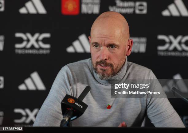 Manager Erik ten Hag of Manchester United speaks during a press conference at Carrington Training Ground on November 03, 2023 in Manchester, England.