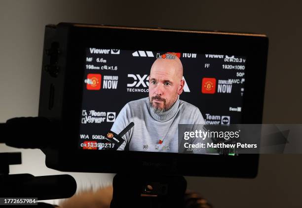 Manager Erik ten Hag of Manchester United speaks during a press conference at Carrington Training Ground on November 03, 2023 in Manchester, England.