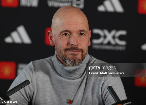 Manager Erik ten Hag of Manchester United speaks during a press conference at Carrington Training Ground on November 03, 2023 in Manchester, England.