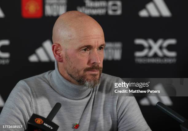 Manager Erik ten Hag of Manchester United speaks during a press conference at Carrington Training Ground on November 03, 2023 in Manchester, England.