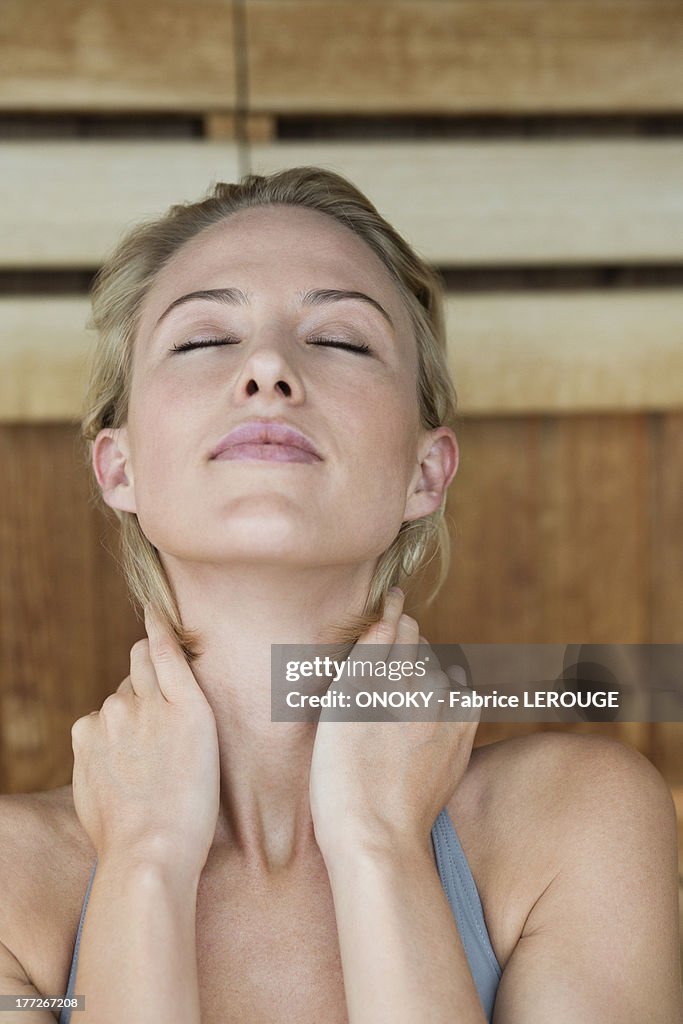Close-up of a woman in a sauna