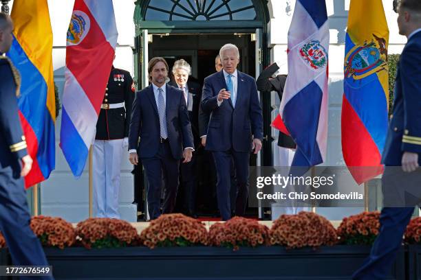 Uruguayan President Luis Lacalle Pou joins U.S. President Joe Biden and other leaders for a group photograph during the inaugural Americas...