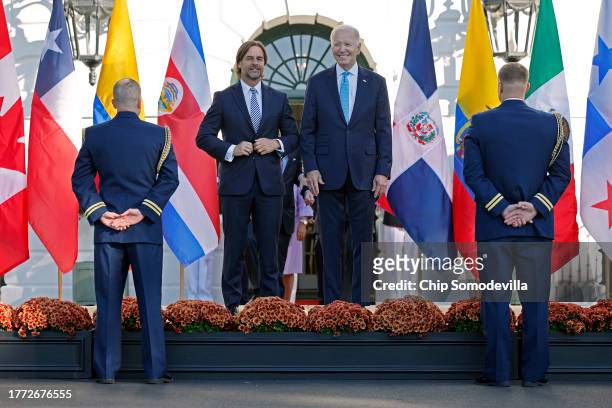 Uruguayan President Luis Lacalle Pou joins U.S. President Joe Biden and other leaders for a group photograph during the inaugural Americas...