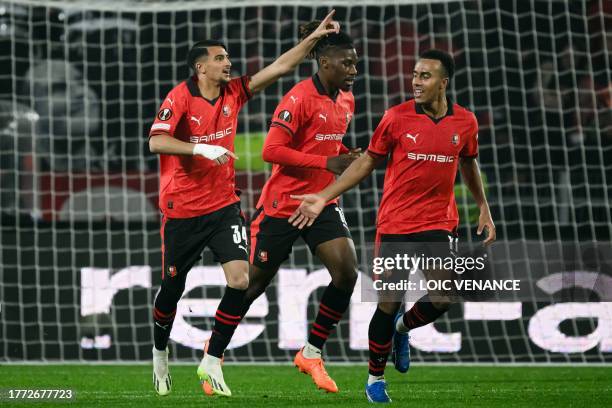 Rennes' Moroccan forward Ibrahim Salah celebrates with teammates after scoring his team's second goal during the UEFA Europa League Group F football...