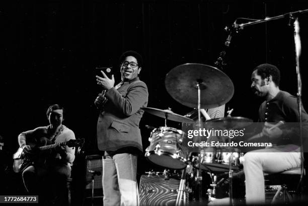 American Jazz musician and bandleader Dizzy Gillespie performs, with his band, on stage at the Cine Teatro Gran Rex, Buenos Aires, Argentina, 1980s....