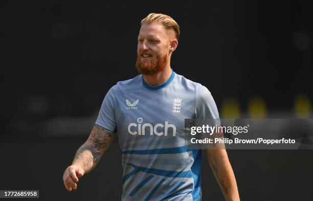 Ben Stokes of England looks on during a training session during the ICC Men's Cricket World Cup India 2023 at Narendra Modi Stadium on November 03,...