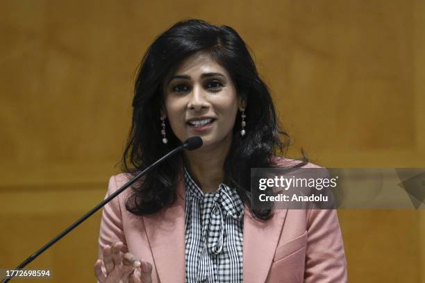 First deputy managing director of International Monetary Fund Gita Gopinath speaks during the 24th Jacques Polak Annual Research Conference at the...