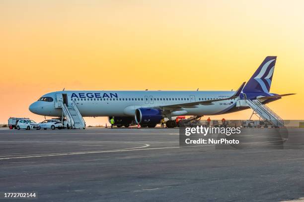 Aegean Airlines Airbus A321Neo airplane as seen at the tarmac of Heraklion Airport early morning. The plane has the registration SX-NAJ and is...