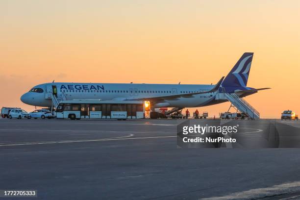 Aegean Airlines Airbus A321Neo airplane as seen at the tarmac of Heraklion Airport early morning. The plane has the registration SX-NAJ and is...