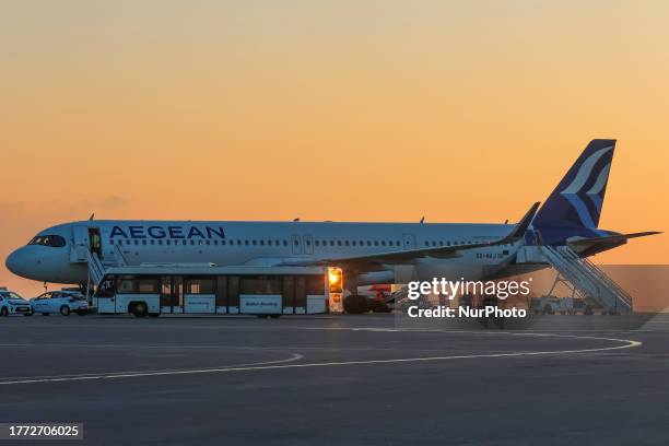 Aegean Airlines Airbus A321Neo airplane as seen at the tarmac of Heraklion Airport early morning. The plane has the registration SX-NAJ and is...