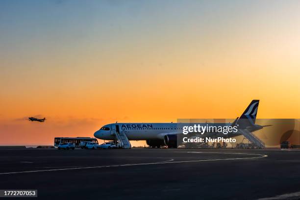 Aegean Airlines Airbus A321Neo airplane as seen at the tarmac of Heraklion Airport early morning. The plane has the registration SX-NAJ and is...