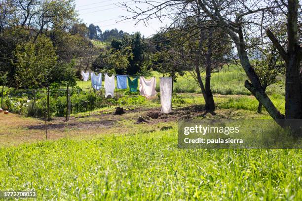 clothes hanging in a clothesline - ropa tendida fotografías e imágenes de stock