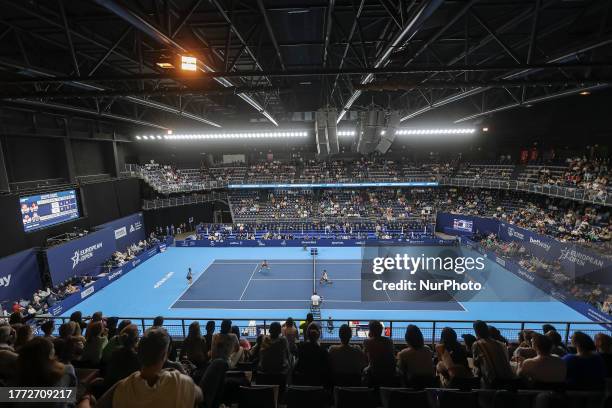 Panoramic view of the Lotto Arena during action at the semi final doubles game, a match between the brothers Stefanos Tsitsipas and Petros Tsitsipas...