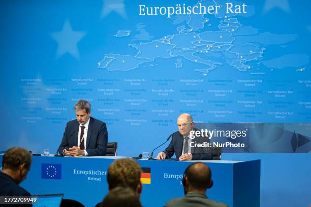 Olaf Scholz Federal Chancellor of Germany at a press conference after the end of the 2 day European Council and Euro Summit, the EU leaders meeting...