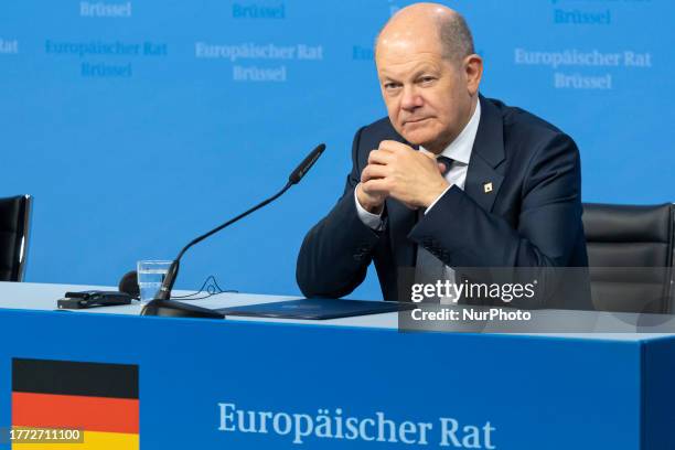 Olaf Scholz Federal Chancellor of Germany at a press conference after the end of the 2 day European Council and Euro Summit, the EU leaders meeting...
