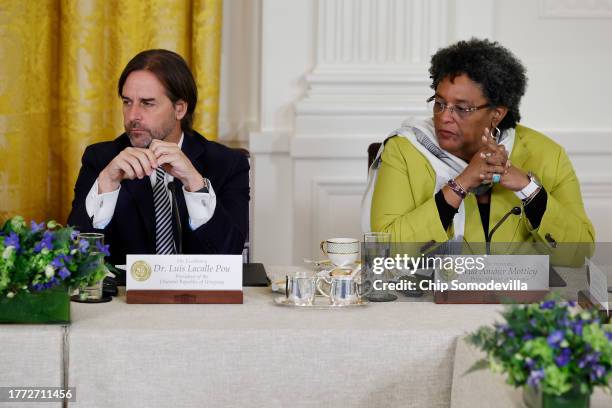 Uruguayan President Luis Lacalle Pou and Barbadian President Sandra Mason attend the plenary session of the inaugural Americas Partnership For...