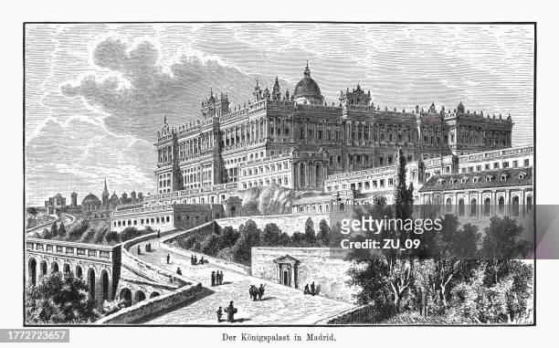 ilustrações, clipart, desenhos animados e ícones de palácio real de madrid, espanha, gravura em madeira, publicada em 1894 - água forte produção artística
