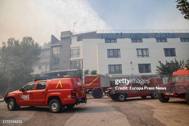 Several UME vehicles in an area affected by the fire, on November 3 in Ador, Valencia, Valencian Community, Spain. The forest fire declared...