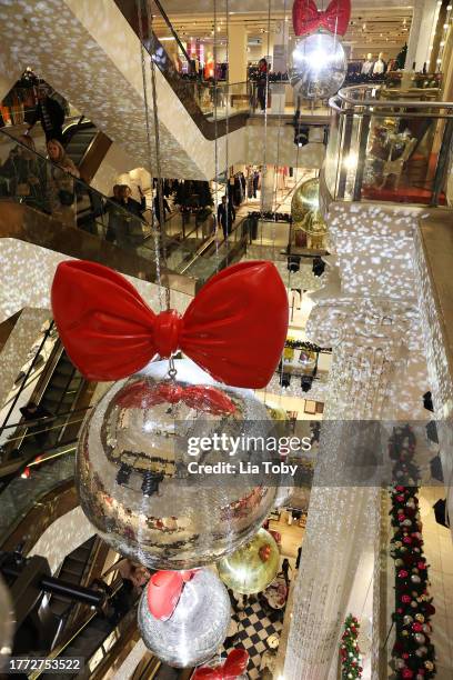 General view of giant baubles, part of this year's Christmas display at Selfridges on November 03, 2023 in London, England.