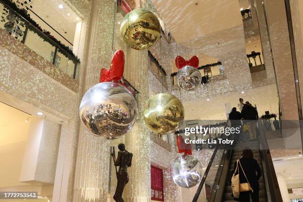 General view of giant baubles, part of this year's Christmas display at Selfridges on November 03, 2023 in London, England.