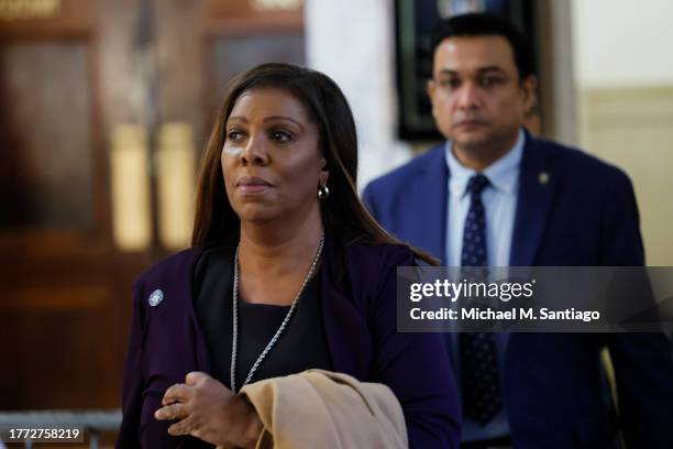 Attorney General Letitia James exits the courtroom during the civil fraud trial of former President Donald Trump and his children at at New York...