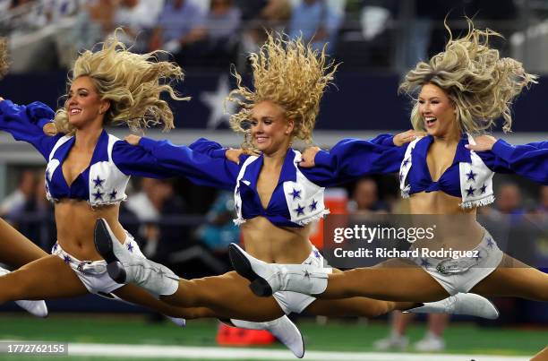The Dallas Cowboys Cheerleaders perform at AT&T Stadium on October 29, 2023 in Arlington, Texas.