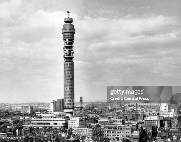 The GPO Tower rising above the buildings of Fitzrovia, Westminster, London, England, 10th June 1966. The primary purpose of the tower, later known as...