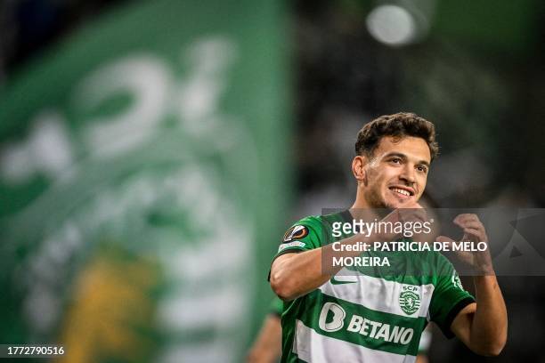 Sporting's Portuguese midfielder Pedro Goncalves celebrates scoring the opening goal during the UEFA Europa League 1st round day 4 group D football...