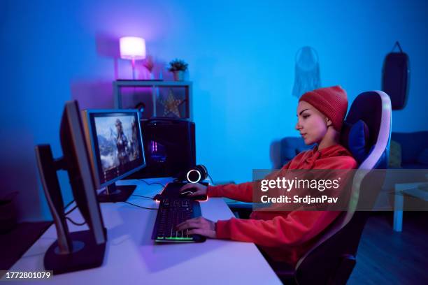 female gamer feeling defeated after she lost the match in the video games she playing on computer - heroes icon stock pictures, royalty-free photos & images