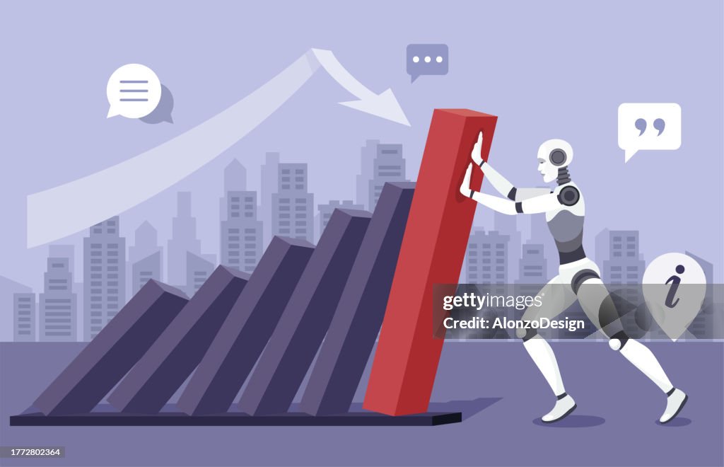 Domino effect. AI Robot holding a graph from falling. Trading on the stock market. Artificial intelligence.