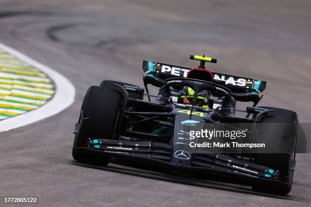 Lewis Hamilton of Great Britain driving the Mercedes AMG Petronas F1 Team W14 on track during practice ahead of the F1 Grand Prix of Brazil at...
