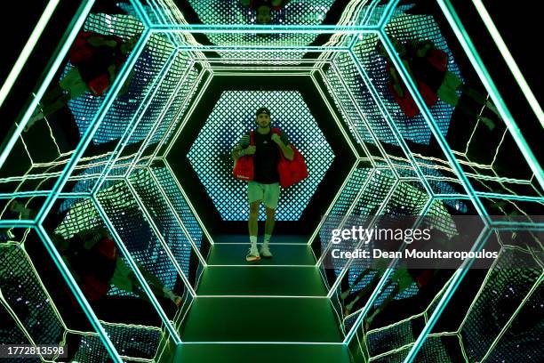 Stefanos Tsitsipas of Greece walks out to play in his quarter final match against Karen Khachanov of Russia during Day Five of the Rolex Paris...