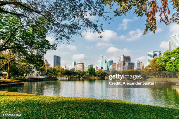 bangkok skyline seen from lumpini park on a sunny day, thailand - lumpini park bildbanksfoton och bilder