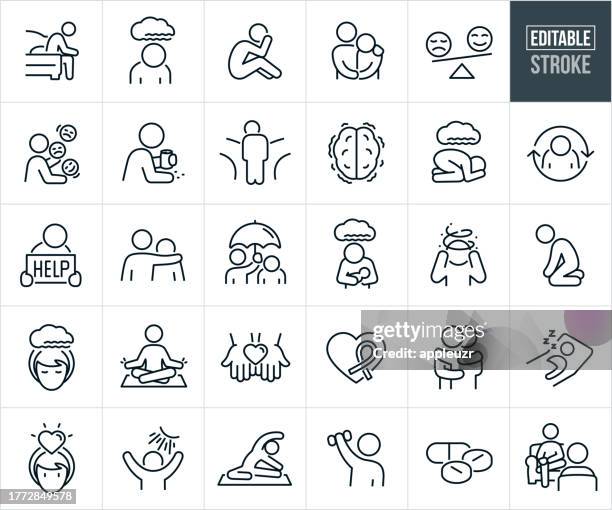 mental health thin line icons - editable stroke - head in hands vector stock illustrations