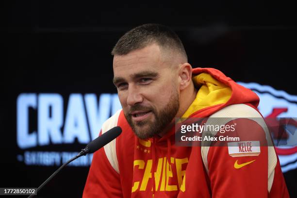 Travis Kelce talks to the media during a Kansas City press conference at DFB Campus on November 03, 2023 in Frankfurt am Main, Germany.