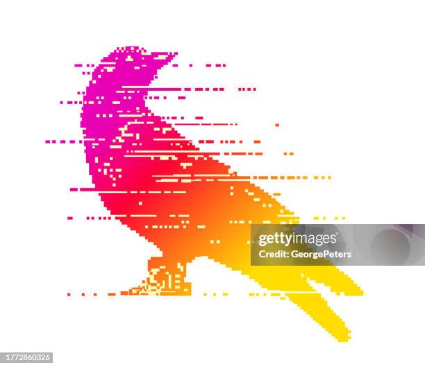 pixel art of raven with glitch technique - binary code white background stock illustrations