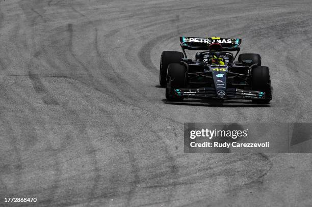 Lewis Hamilton of Great Britain driving the Mercedes AMG Petronas F1 Team W14 on track during practice ahead of the F1 Grand Prix of Brazil at...