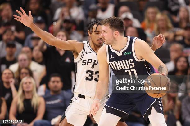 Luka Doncic of the Dallas Mavericks handles the ball against Tre Jones of the San Antonio Spurs during the NBA game at Frost Bank Center on October...