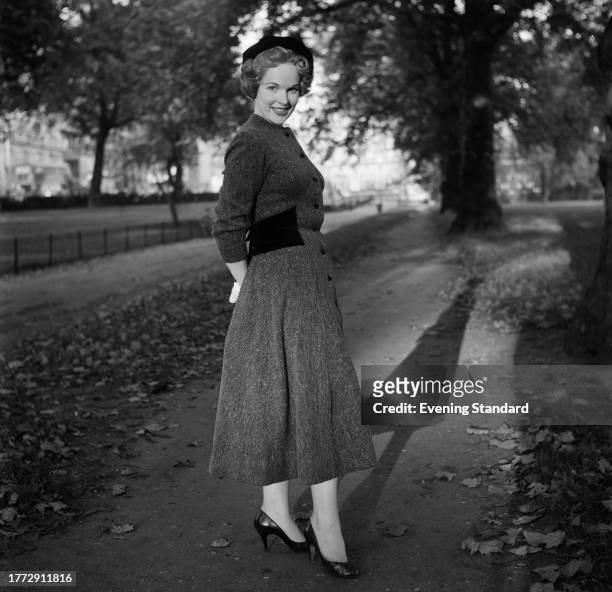 Irish actress Peggy Cummins poses for a portrait in a public park, November 7th 1956.